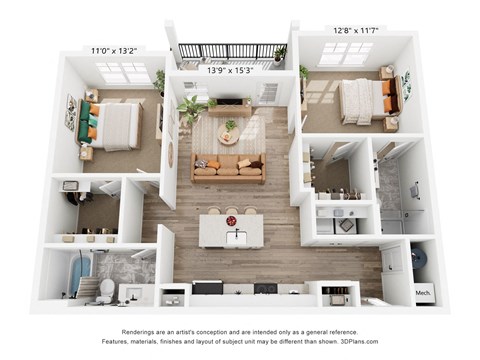 Floor plan for 2 beds, 2 baths, 1060 sqft